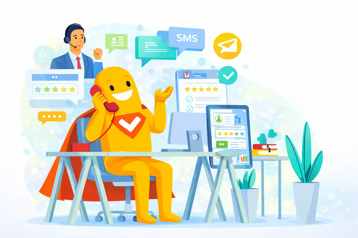 Illustration of a post-call survey with customer feedback collected via phone, SMS, and online survey software.