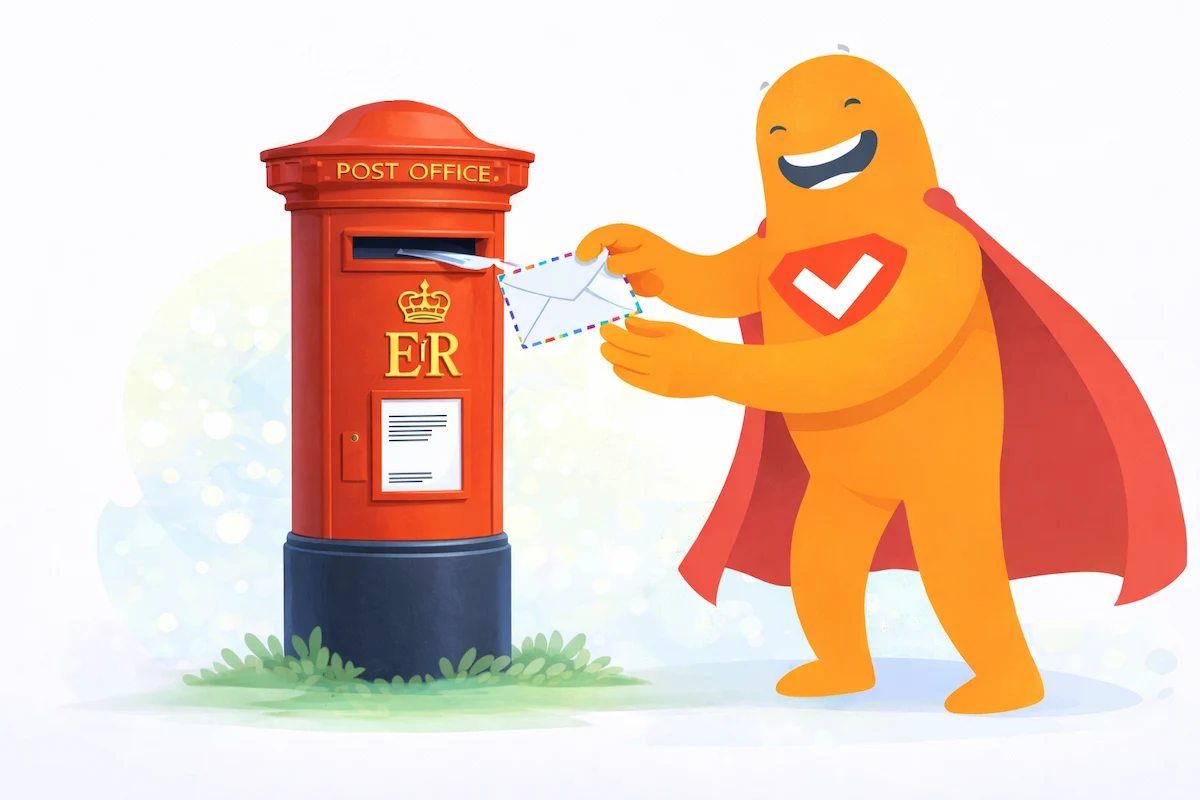 SurveyLegend mascot posting a letter into a red mailbox, representing postal surveys and mailed questionnaires.