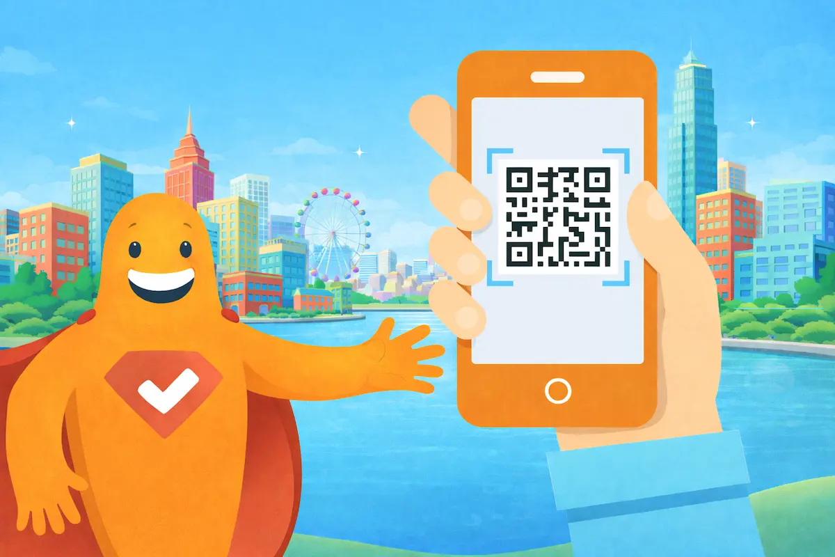 SurveyLegend mascot gestures toward a hand holding a smartphone that displays a QR code, with a colorful city skyline and waterfront in the background.