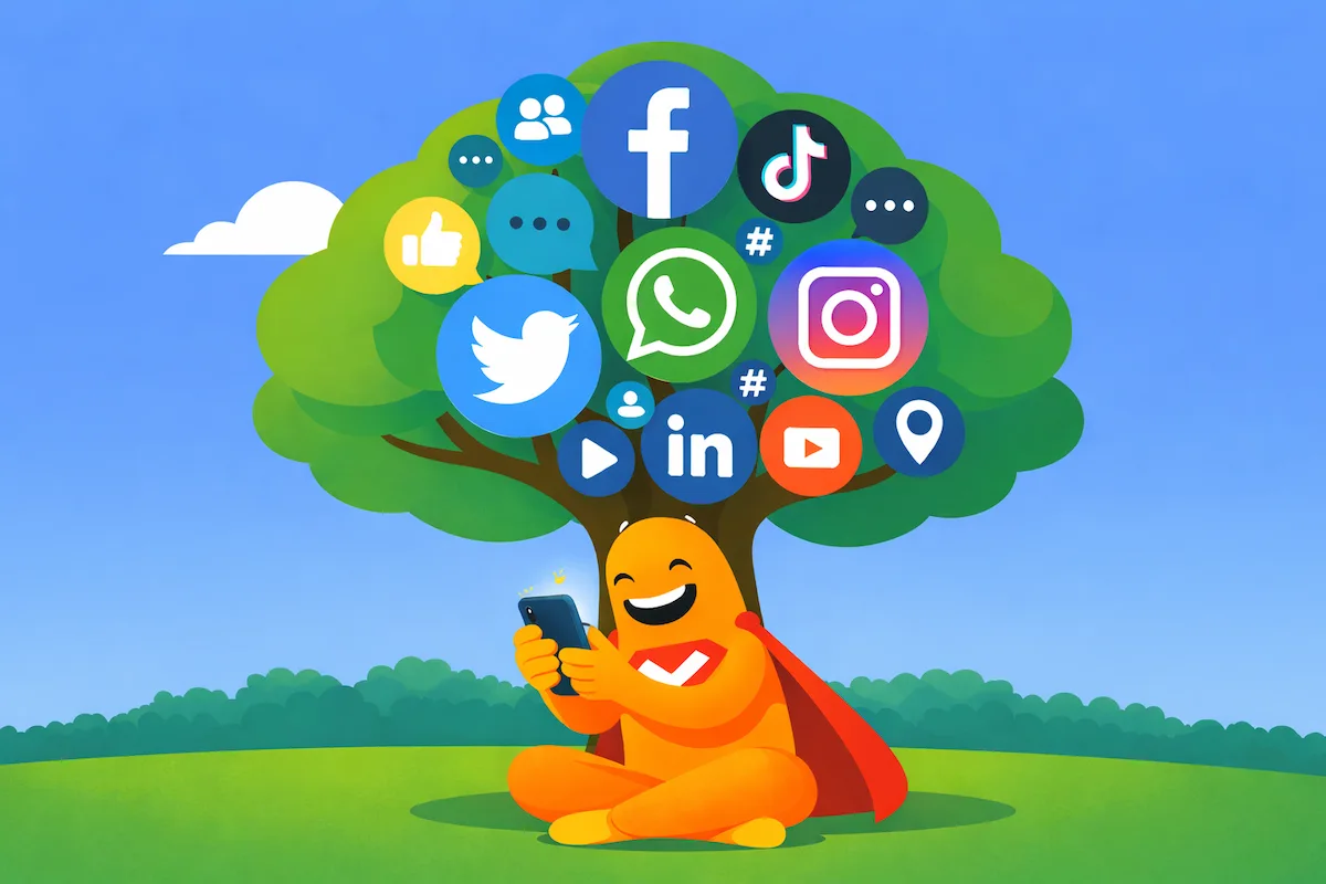 SurveyLegend mascot sitting on grass using a smartphone under a tree filled with social media icons like Facebook, Instagram, TikTok, Twitter, LinkedIn, WhatsApp, and YouTube, representing social media surveys.
