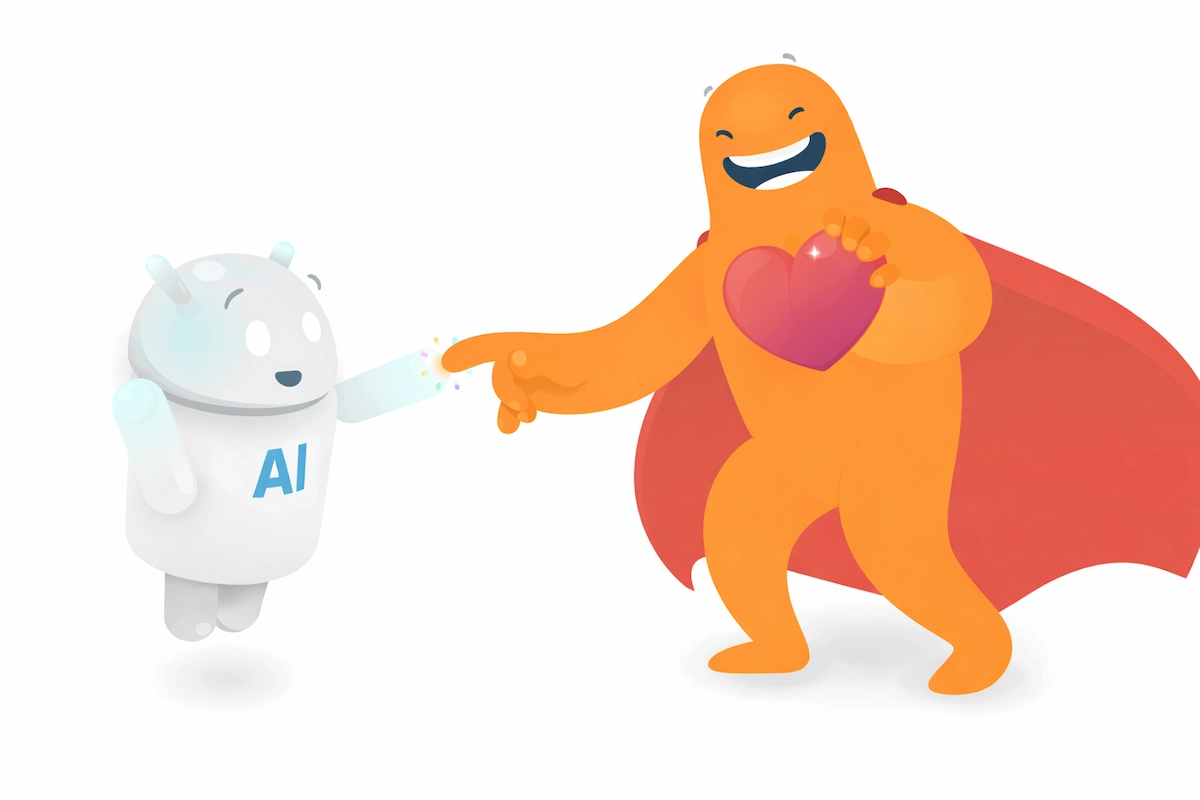 Illustration of the SurveyLegend mascot interacting with a friendly AI robot, symbolizing AI-powered surveys that personalize questions and collect real-time user feedback.