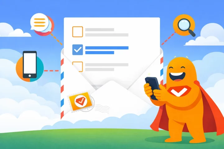 Illustration of the SurveyLegend mascot collecting online feedback through a survey envelope with checklist items, mobile phone, and feedback icons.