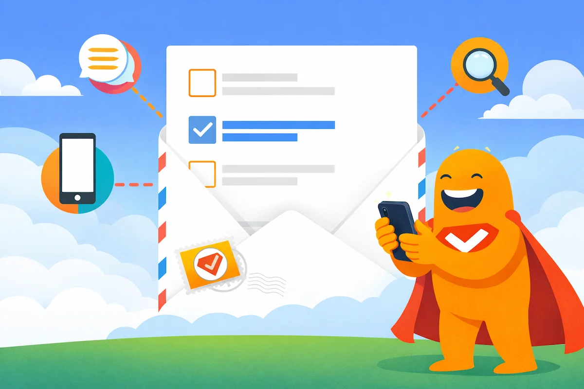 Illustration of the SurveyLegend mascot collecting online feedback through a survey envelope with checklist items, mobile phone, and feedback icons.