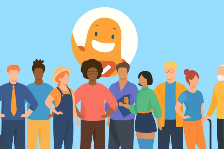 Illustration of a diverse group of people standing together with the SurveyLegend mascot in the background, representing customer segments and buyer personas created through surveys.