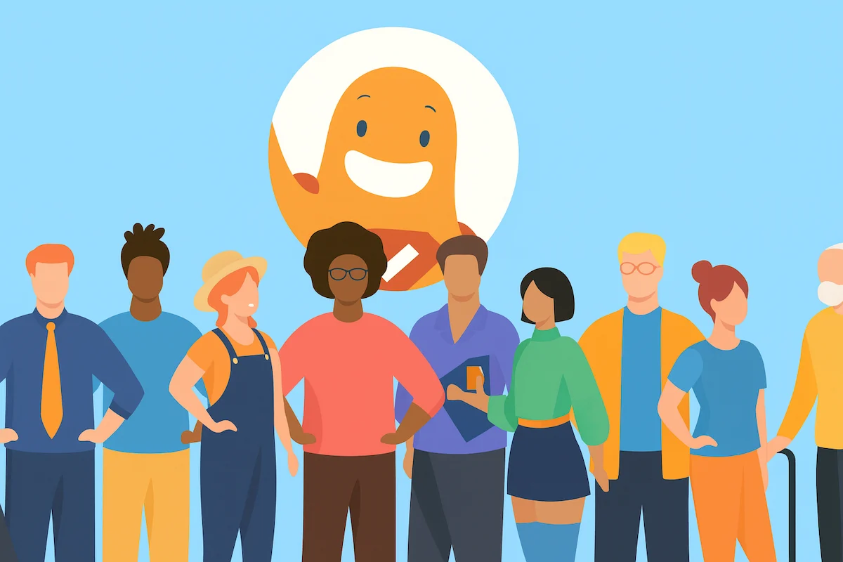 Illustration of a diverse group of people standing together with the SurveyLegend mascot in the background, representing customer segments and buyer personas created through surveys.