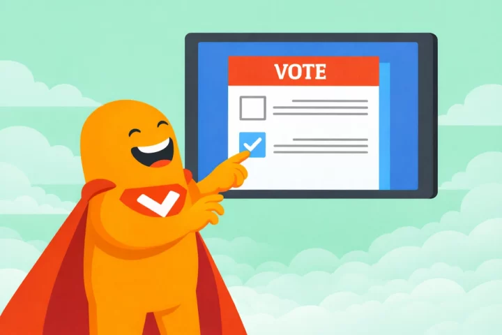 Illustration of the SurveyLegend mascot pointing at an online voting ballot displayed on a screen, showing a checked vote option.