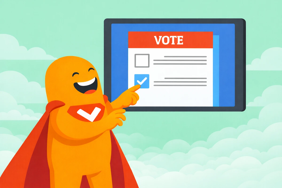 Illustration of the SurveyLegend mascot pointing at an online voting ballot displayed on a screen, showing a checked vote option.