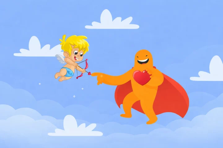 Valentine’s Day illustration showing Cupid flying in the clouds and interacting with the SurveyLegend mascot holding a heart, symbolizing love-themed surveys, polls, and quizzes.