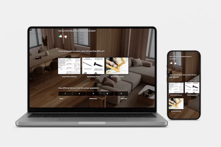 Usability testing survey displayed on a laptop and smartphone, showing task-based questions and rating scales for UX research across devices.