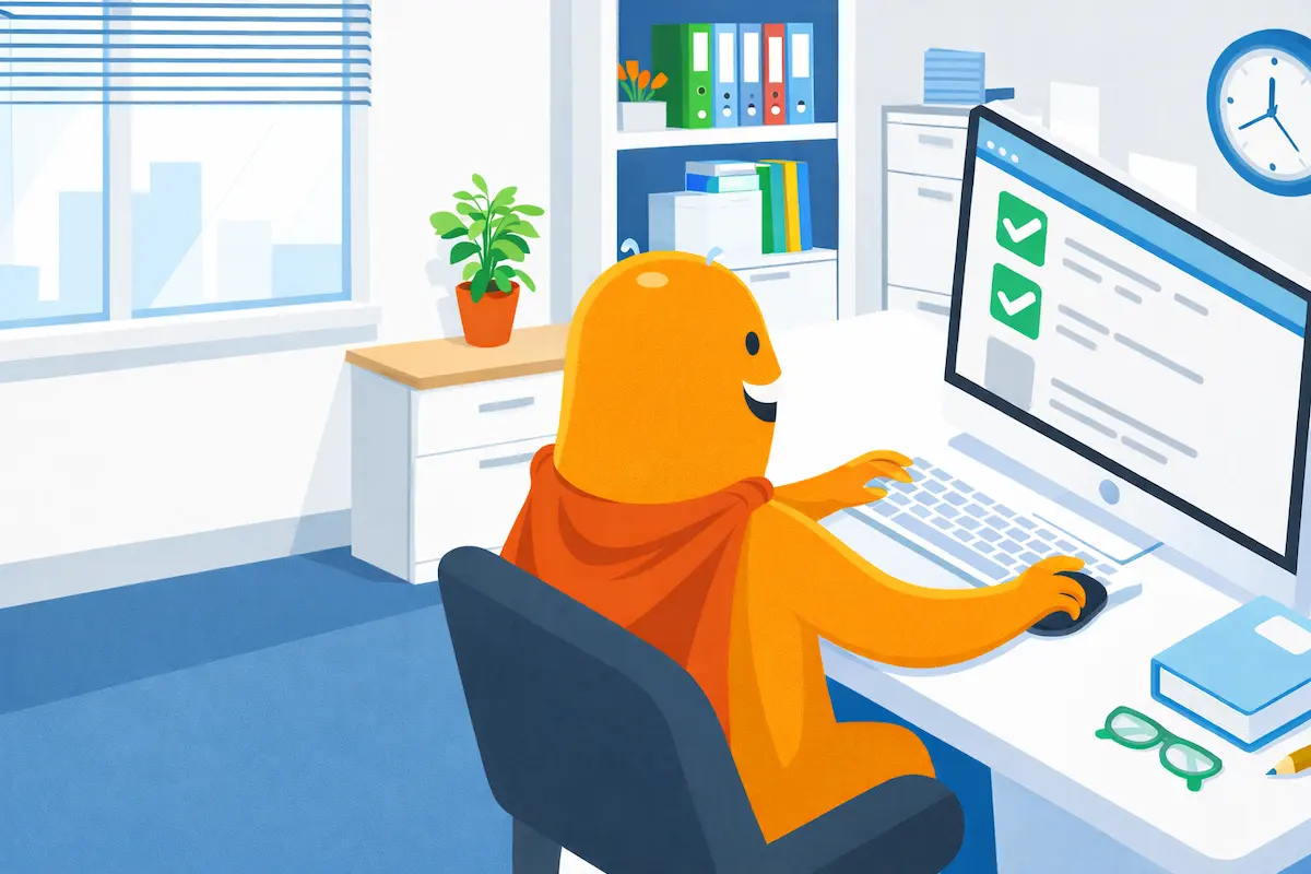 Illustration of the SurveyLegend mascot working at a desk on a desktop computer displaying an online survey form, representing web-based survey creation and response collection.