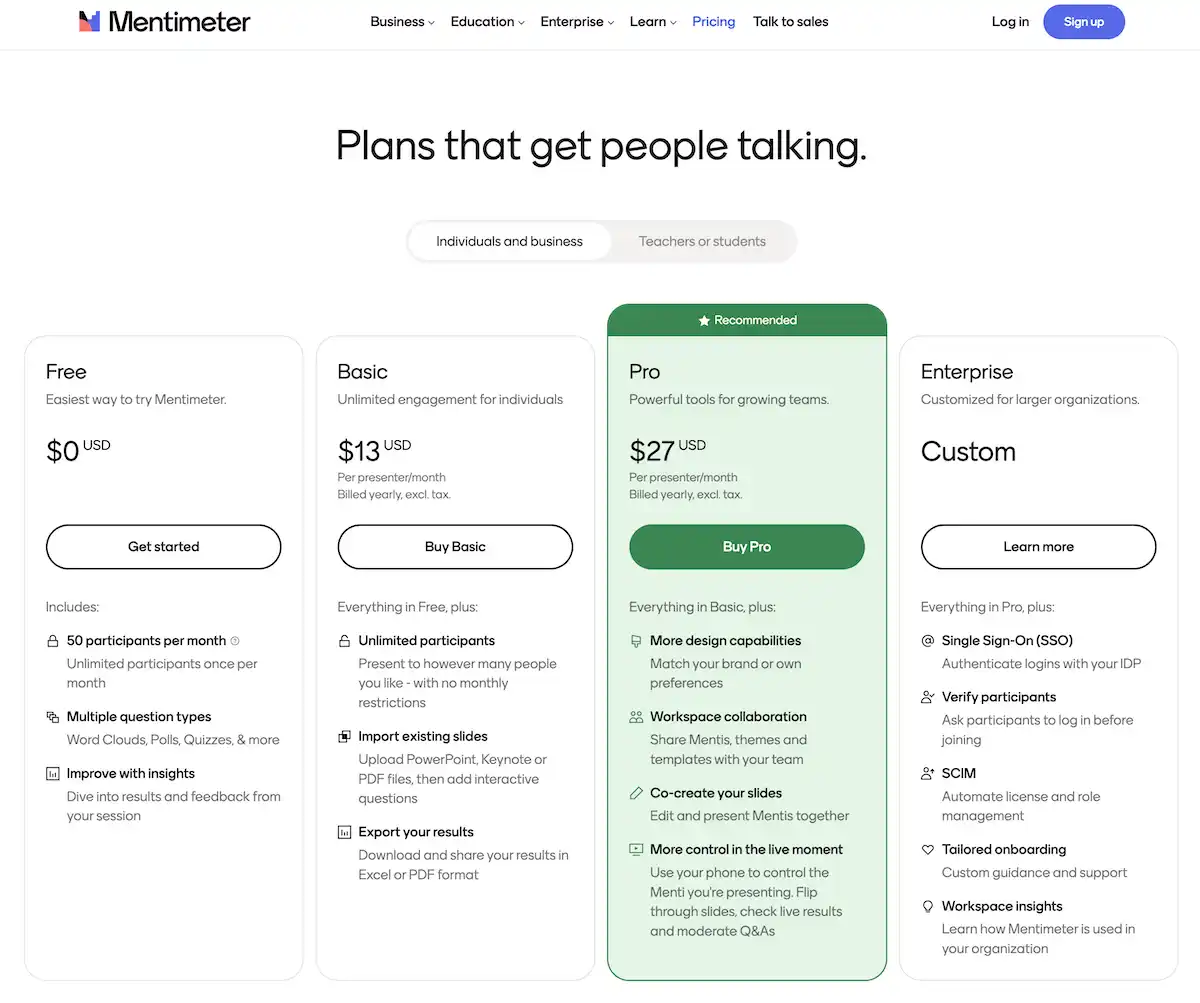 Mentimeter pricing page
