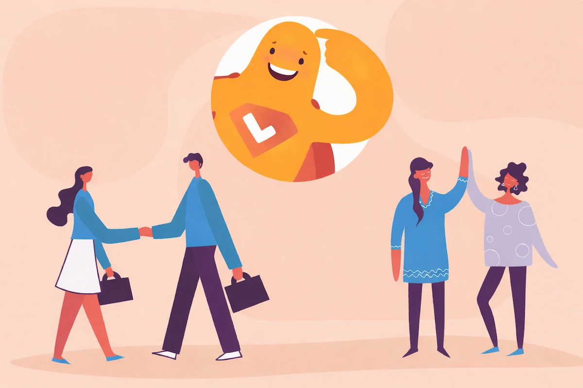 Illustration showing business professionals shaking hands and consumers high-fiving, representing the differences between B2B and B2C surveys.