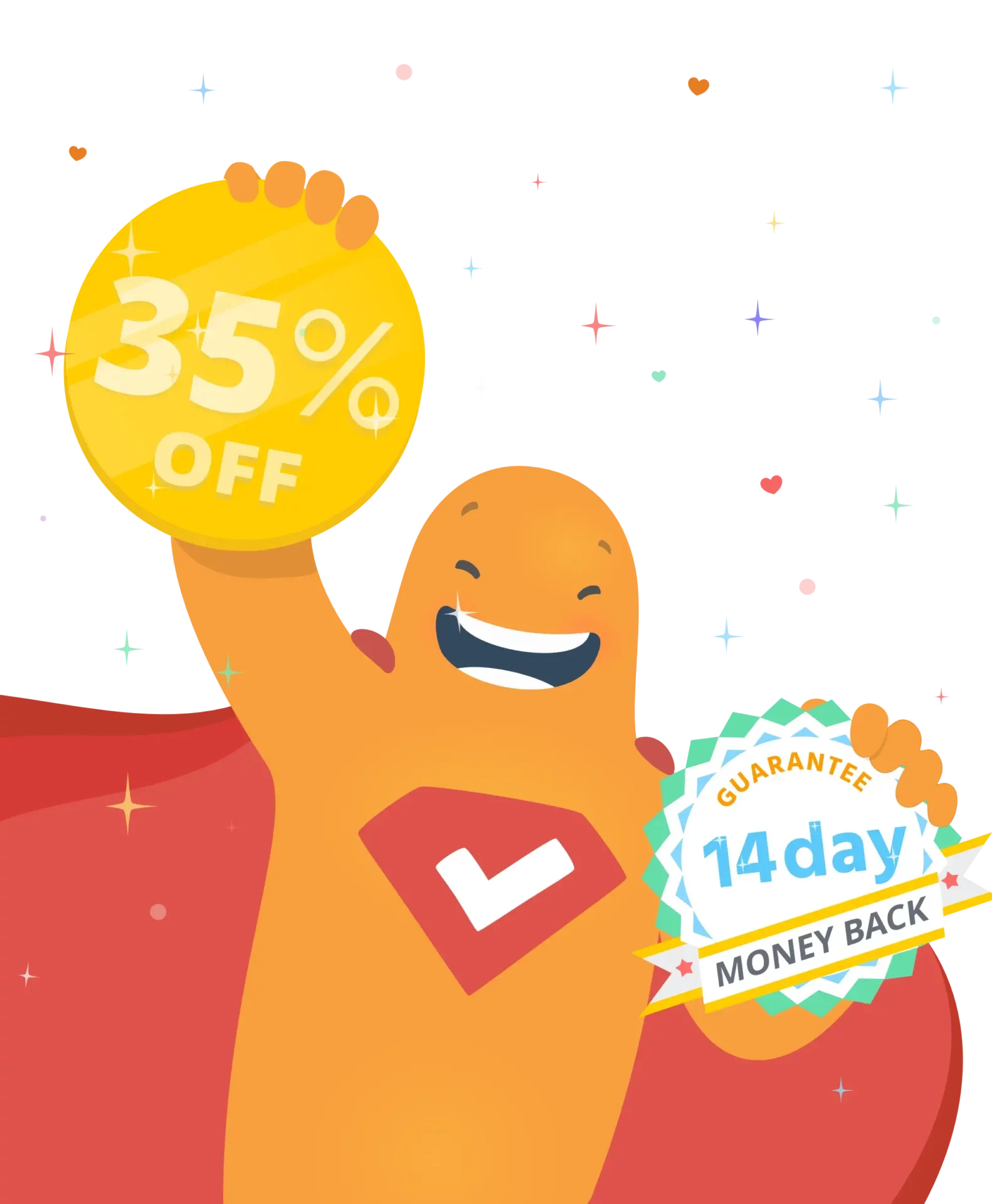 SurveyLegend mascot offering a discount and money-back guarantee